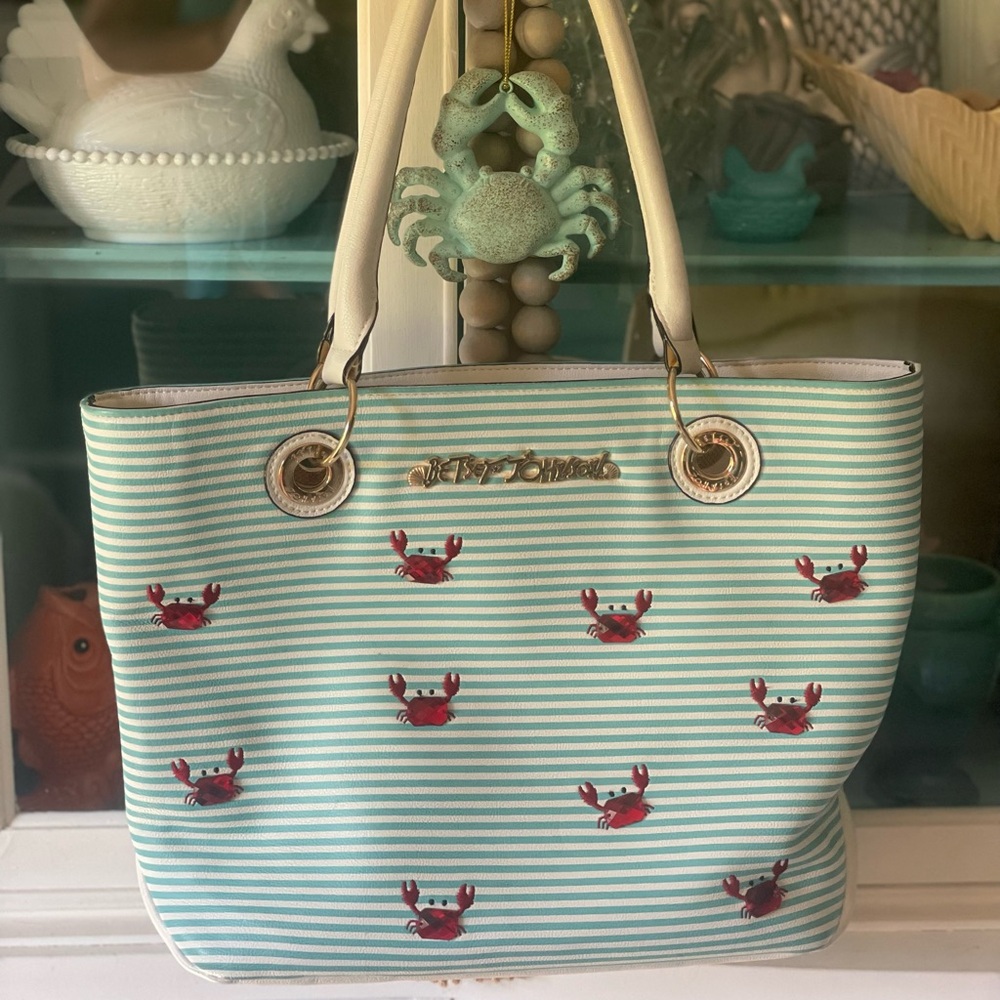 Betsy Johnson “Don’t Be Shellfish” Aqua and White Tote with Red Crab Design
